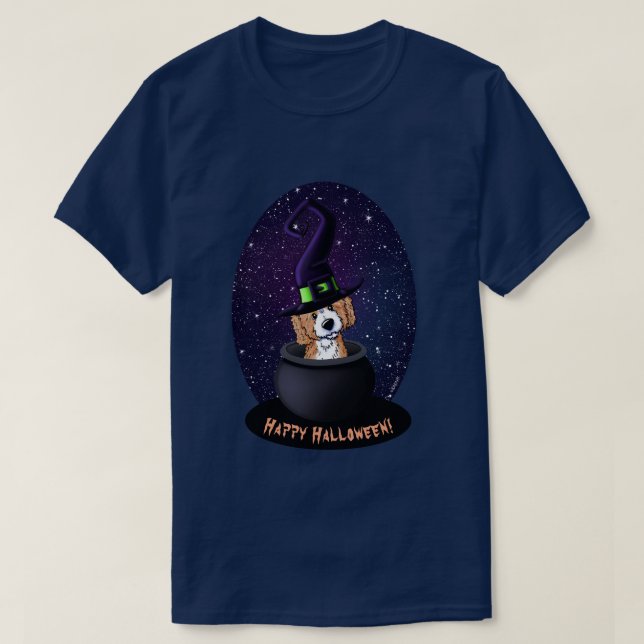 Camiseta KiniArt Doodle Dog Witch Halloween Card (Diseño del anverso)