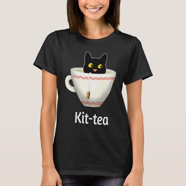 Camiseta Kit Tea  Cat  , Cute Black Cat Kitty in Kittea (Anverso)