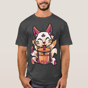 Camiseta Kitsune Anime Boba Tea de burbuja japonesa Cute Fo