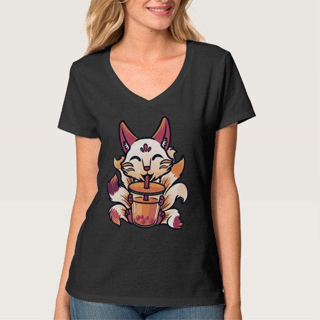 Camiseta Kitsune Boba Bubble Tea Cute Fox (Anverso)