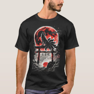 Camiseta Kitsune en el Torii en luna roja - Arte japonés