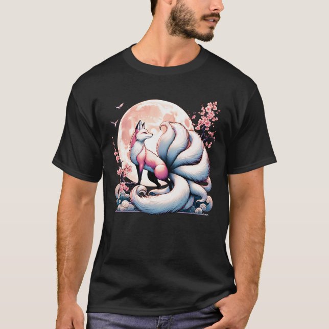 Camiseta Kitsune Fox Cherry Blossom Flores japonesas Nueve (Anverso)