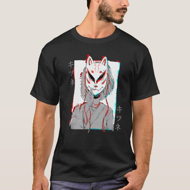 Camiseta Kitsune Fox Mask Vaporwave Glitch Estilo Japón (Anverso)