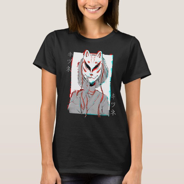 Camiseta Kitsune Fox Mask Vaporwave Glitch Estilo Japón (Anverso)