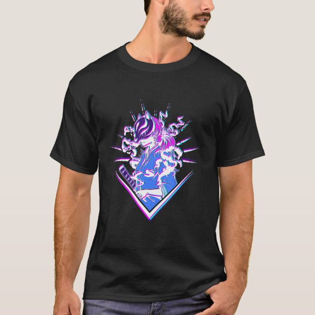 Camiseta Kitsune fox with japanese kitsune and Vaporwave Gl (Anverso)