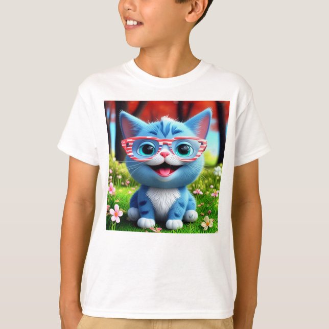 Camiseta Kitten azul lindo sonriente-55665 (Anverso)