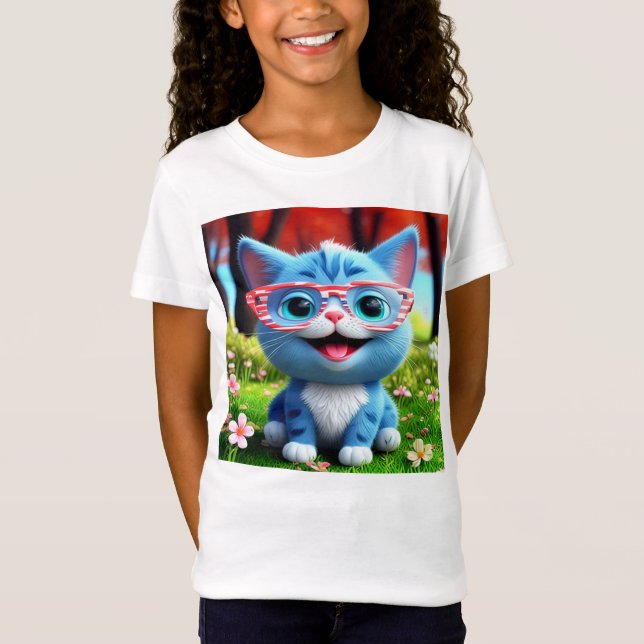 Camiseta Kitten azul lindo sonriente-55665 (Anverso)
