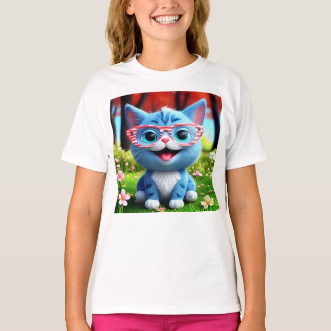 Camiseta Kitten azul lindo sonriente-55665 (Anverso)
