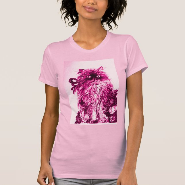 Camiseta KITTEN CON ROSAS, Rosa Fuchsia Blanca (Anverso)