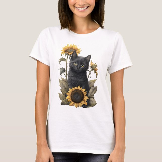 CAMISETA KITTEN DE BOMBAY NEGRO ADORABLE CON FLORES (Anverso)