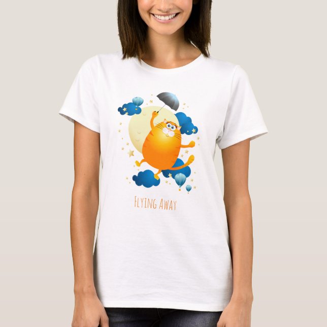 Camiseta Kitten lindo volando con paraguas (Anverso)