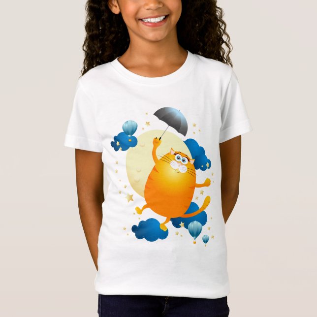 Camiseta Kitten lindo volando con paraguas (Anverso)