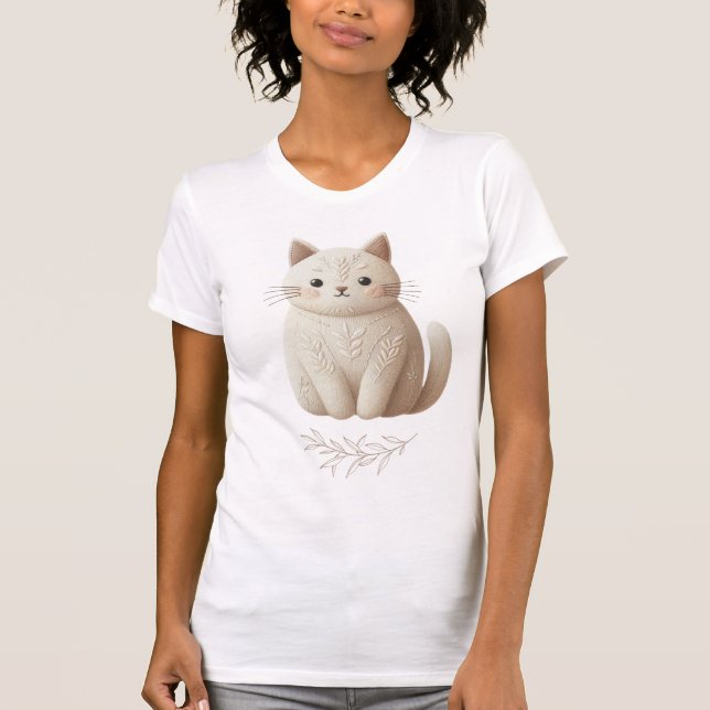 Camiseta Kitty bordado en beige con detalles de hojas con t (Anverso)