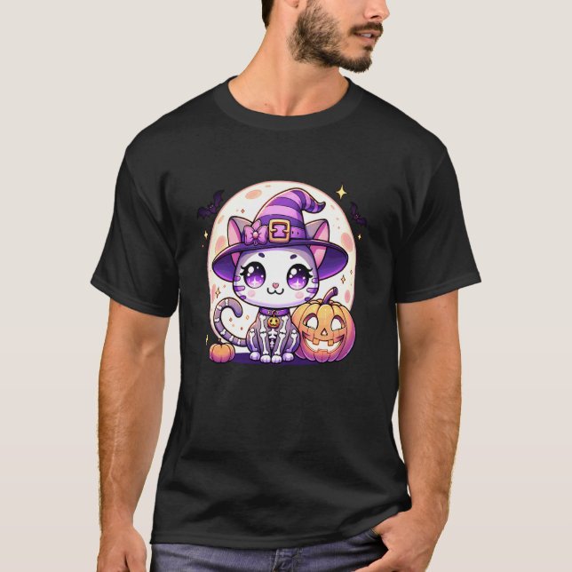 Camiseta Kitty de esqueleto de Halloween bruja niñas (Anverso)