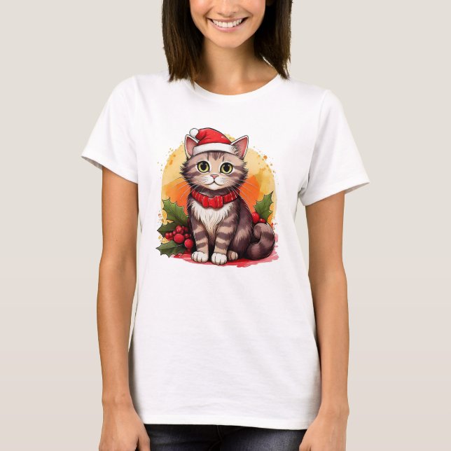 Camiseta Kitty festivo en Gorra rojo y cuello (Anverso)