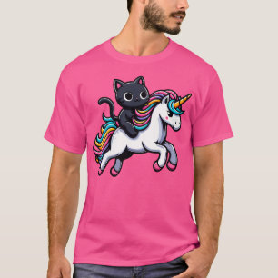 Camiseta Kitty Negro Cute Montando Un Unicornio