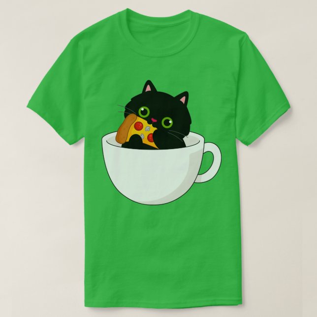 Camiseta Kitty Negro En Tea Cup Nom Nom En Pizza (Diseño del anverso)