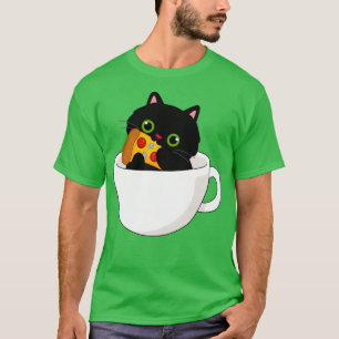 Camiseta Kitty Negro En Tea Cup Nom Nom En Pizza
