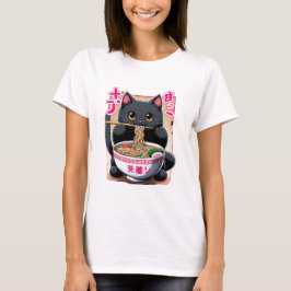 Camiseta Kitty negro japonés comiendo Ramen