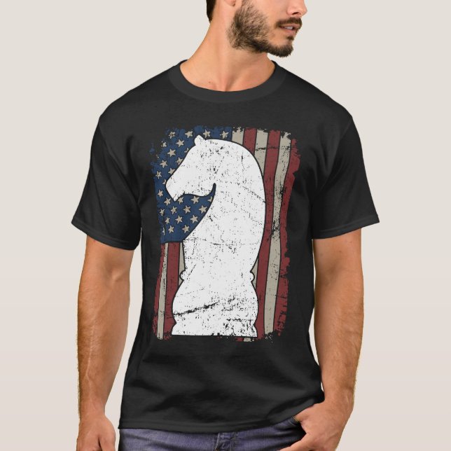 Camiseta Knight Chess Piece USA Flag  Mens Womens Chess Pla (Anverso)