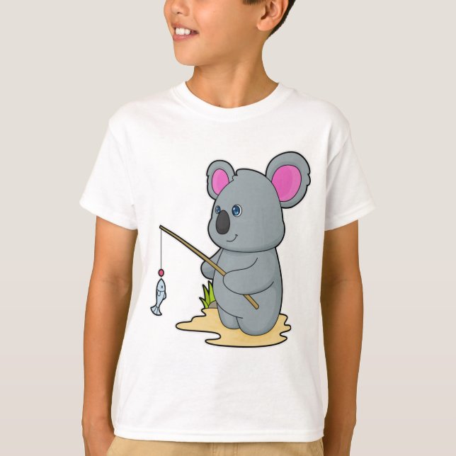 Camiseta Koala como pescador con caña y pescado (Anverso)
