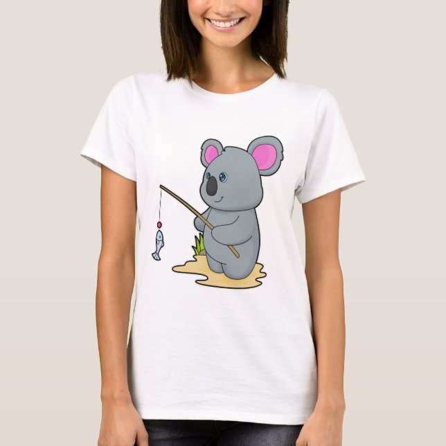 Camiseta Koala como pescador con caña y pescado (Anverso)