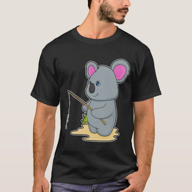 Camiseta Koala como pescador con caña y pescado (Anverso)