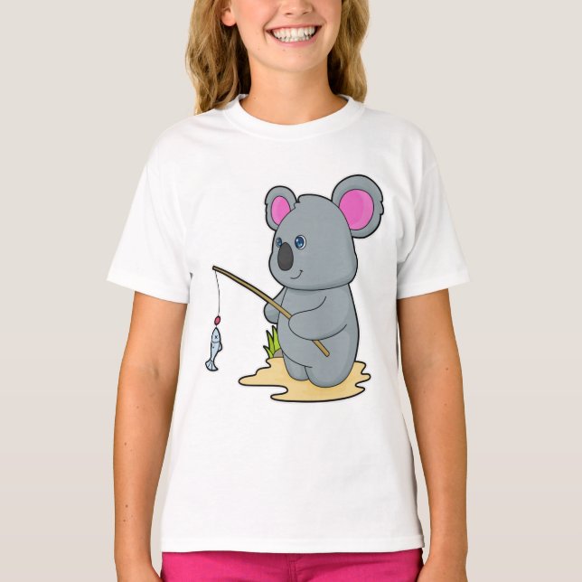 Camiseta Koala como pescador con caña y pescado (Anverso)