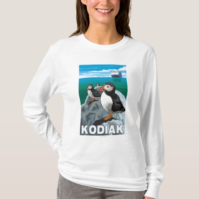 Camiseta Kodiak, AlaskaPuffins y barco de cruceros de (Anverso)