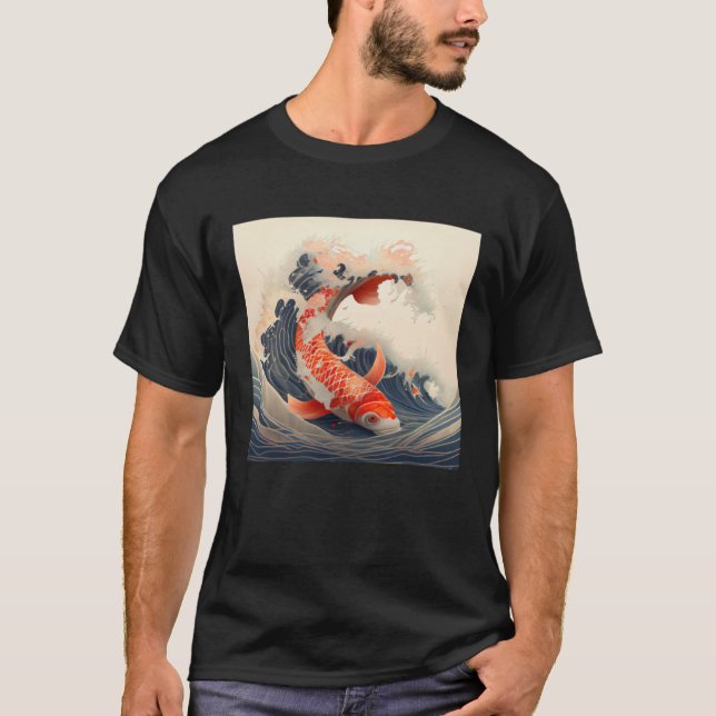 Camiseta Koi Fish nadando en una gran ola al estilo japonés (Anverso)