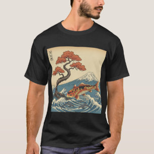 Camiseta Koi Fish Ocean con delfines y montañas japonesas