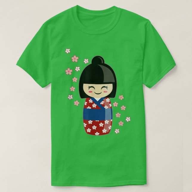 Camiseta Kokeshi Muñeca Kawaii En japonés Kimono Y Sakura (Diseño del anverso)