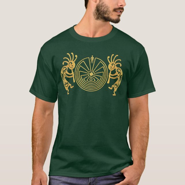 Camiseta KOKOPELLI/HOMBRE EN el oro del LABERINTO + sus (Anverso)