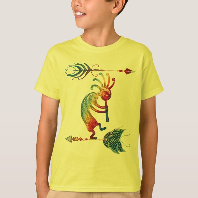 Camiseta Kokopelli nativo americano con dos plumas 1 (Anverso)