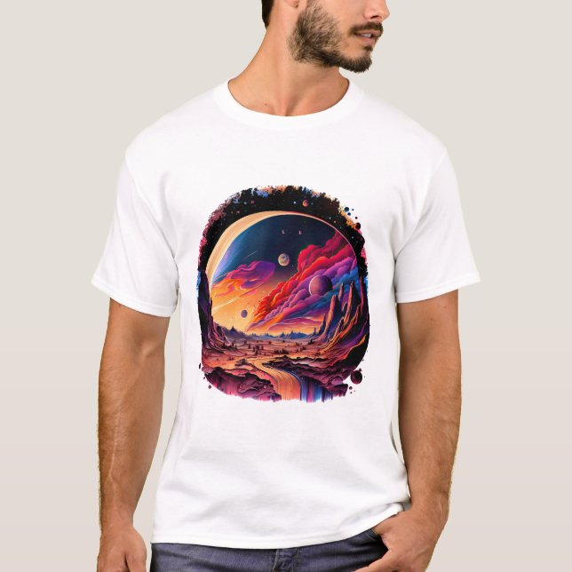 Camiseta Kosmische Landschaft mit Planeten und Bergen (Anverso)