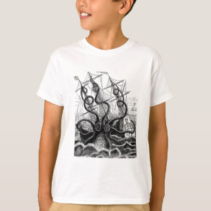 Camiseta Kraken/pulpo Eatting un barco pirata, negro/blanco