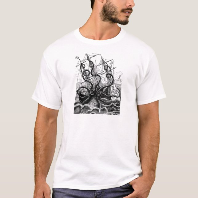 Camiseta Kraken/pulpo Eatting un barco pirata, negro/blanco (Anverso)