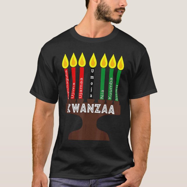 Camiseta Kwanzaa Kinara Mishumaa con 7 principios (Anverso)