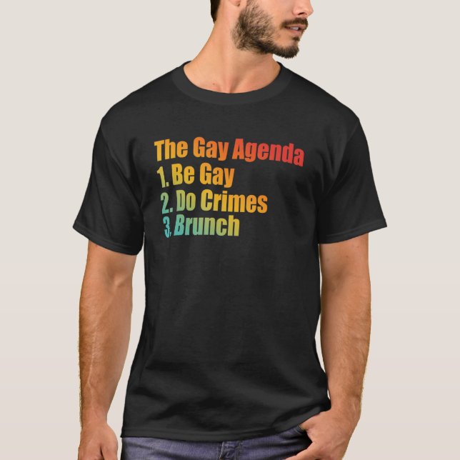 Camiseta La Agenda Gay 1. Sé gay 2. Delitos 3. Brunch Ap (Anverso)