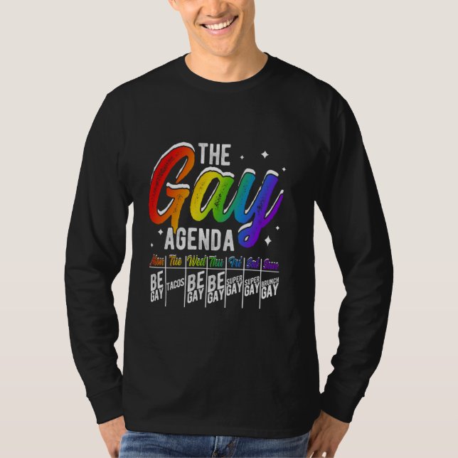 Camiseta LA AGENDA GAY MON BE GAY TUE TACOS WED BE GAY Pri (Anverso)