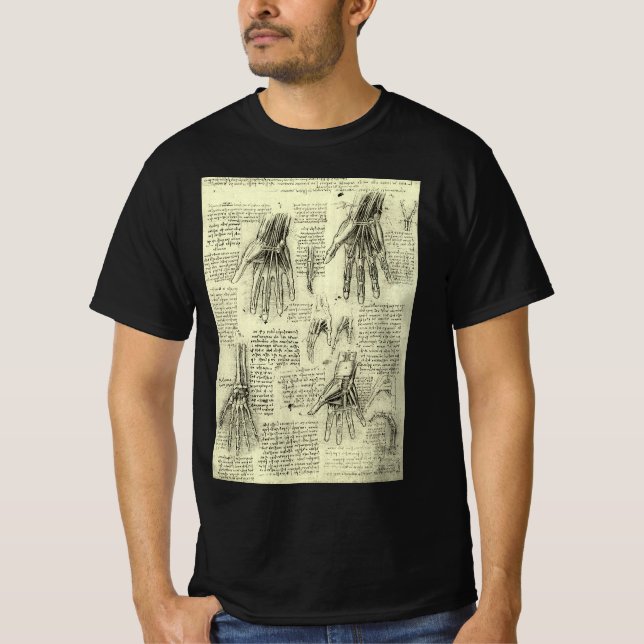 Camiseta La anatomía de la mano humana de Leonardo da Vinci (Anverso)