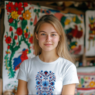 Camiseta La apertura de Wycinanki Lowicz en azul y rojo