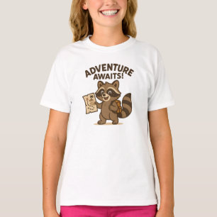 Camiseta La aventura espera diseño de mapache marrón lindo
