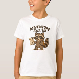 Camiseta La aventura espera diseño de mapache marrón lindo