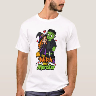 Camiseta La Bruja y Su Monstruo Lindo Pareja de Halloween T