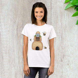 Camiseta La colmena de miel con flores azules y abejas