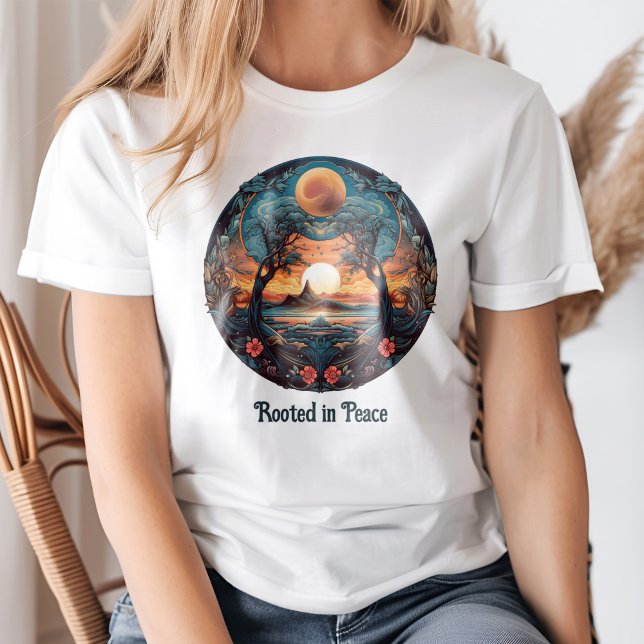 Camiseta La cosecha espiritual de los árboles "arraigados e (Spiritual Vintage "Rooted in Peace" Trees Sunset T-Shirt on a young woman.)