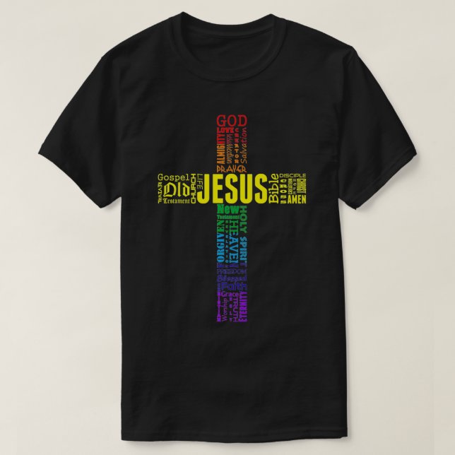 Camiseta La cruz de Jesucristo, la nube de palabras arcoiri (Diseño del anverso)