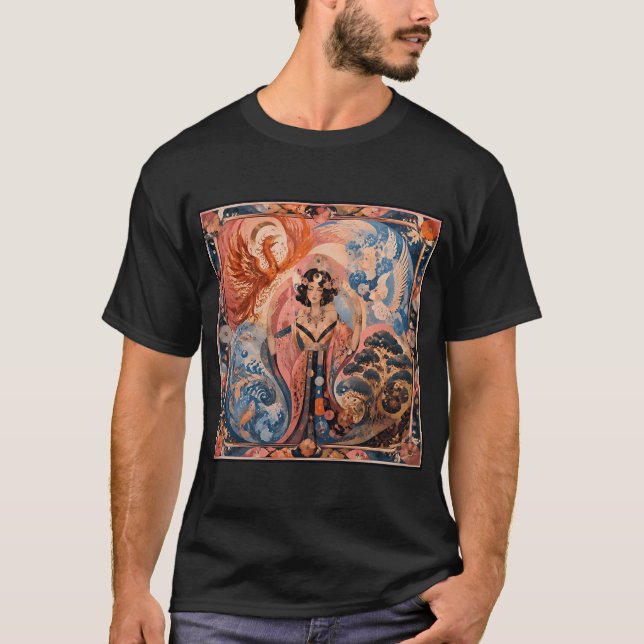 Camiseta La Diosa de los Cuatro Elementos - Fénix, Pez,  (Anverso)