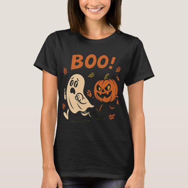 Camiseta La divertida calabaza de Halloween persiguiendo al (Anverso)